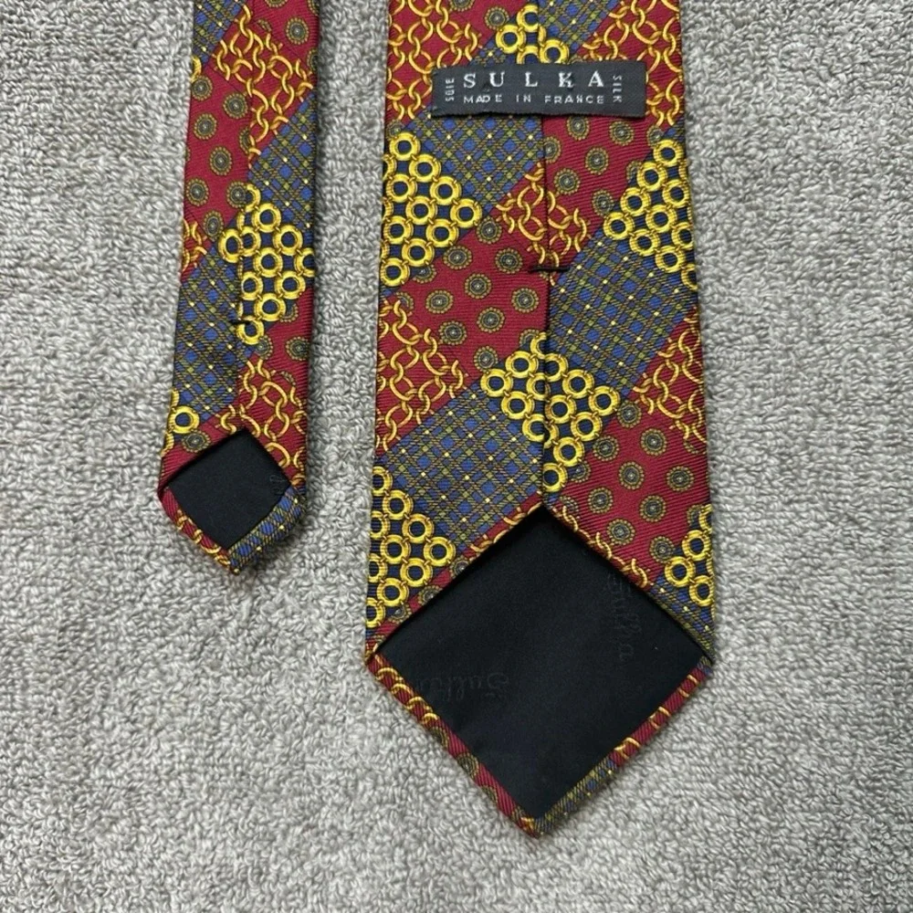 Sulka France Silk Tie Burgundy Red Gold Yellow Blue Geometric Chain Patchwork